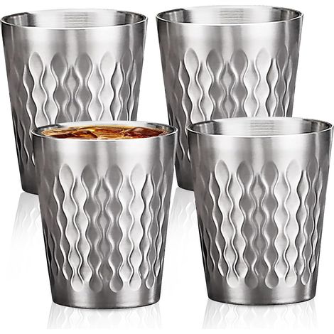 Set di 4 bicchieri in acciaio inossidabile, 300 ml, impilabili, doppia parete isolata, metallo infrangibile, superficie diamantata, senza manico, design a martello, tazze da campeggio, per birra, succ (1/5)