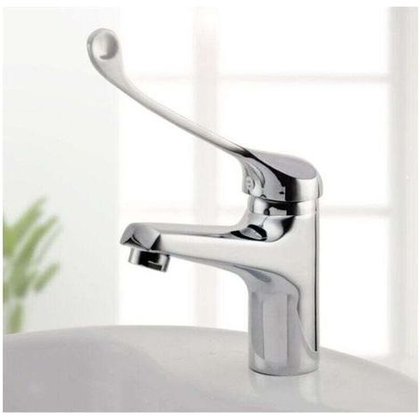 Basin mixer tap with medical handle, accessible bathroom tap, chrome, silver, extended handle (1/4)