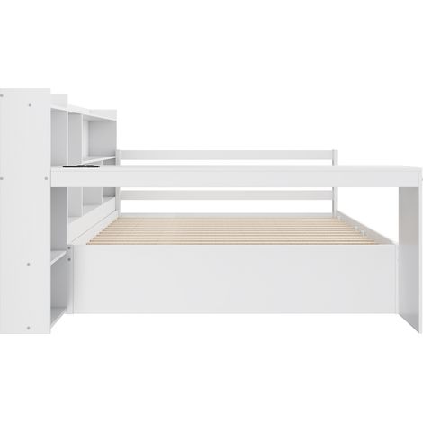Cama multifunción de madera 140x200 cm blanca con escritorio, estantes y cama nido (1/5)