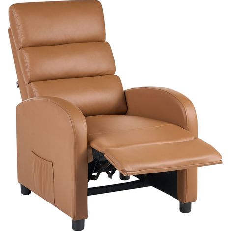 Recliner Chair Brown Faux Leather Upholstery Push-Back Manually Adjustable Back and Footrest Retro Design Armchair OTUS