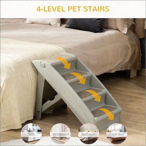 Escalier portable à 4 niveaux pour petits chiens, léger et pliable, avec tapis antidérapants et doux, gris, accessoire pour lit haut ou canapé. (1/5)