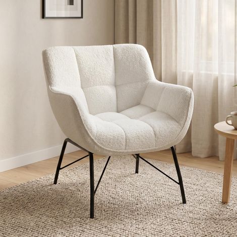 Fauteuil d'appoint moderne, fauteuil en polaire sherpa avec dossier incurvé, accoudoirs intégrés, pieds en métal, blanc crème (1/5)