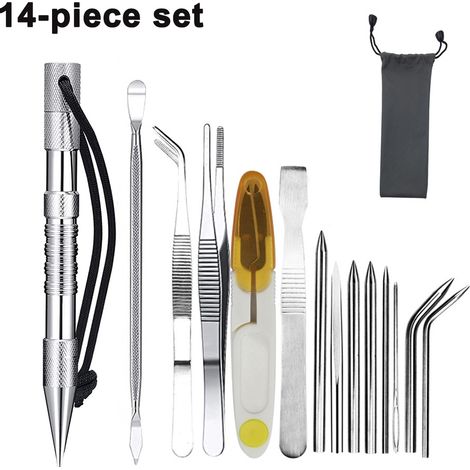 Kit Aiguilles Paracord - 14 Pièces avec Aiguilles Droites et Courbes Acier Inoxydable Outils de Lissage Pinces Ciseaux Sac de Rangement - Pour Créations DIY Bracelets Cordes (1/5)
