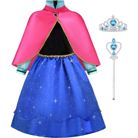 Robe de Princesse, Robe avec Baguette et Couronne, Filles Princesse Costume Habillage, Manches Longues Robe pour Noël Halloween Anniversaire Robe de Cosplay