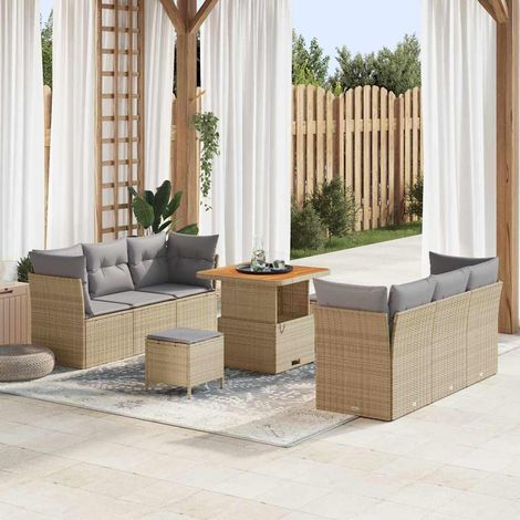 Gartensofa-set mit Kissen 9 pcs Beige und Hellgrau Poly-Rattan (1/5)
