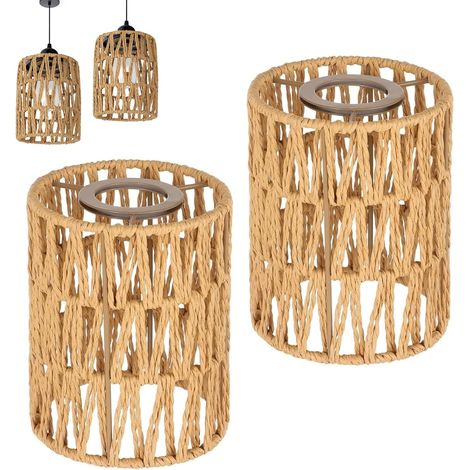 2 Pièces Abat-jour Cylindrique Rotin Design Boho Pour Suspension Plafond Lampe Intérieur