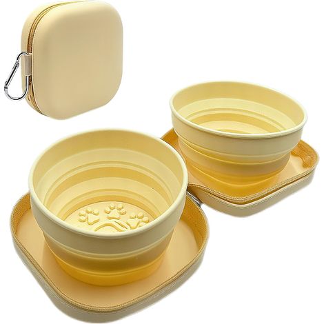 Gamelle portable pour chien, gamelle de voyage pliable 2 en 1 avec mousqueton, double gamelle en silicone pour nourriture et eau pour animaux de compagnie, idéale pour le camping et la randonnée (jaun (1/5)