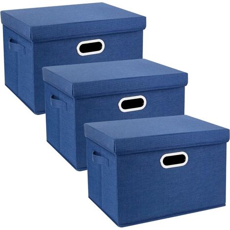 Grande Boîte de Rangement avec Couvercle, Tissu, Pliable, Lavable, Rangement Tissu, 44x30x29 cm, Lot de 3, Bleu Classique (1/4)