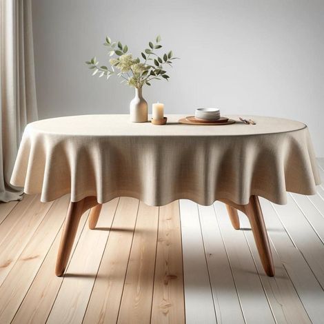 Nappe ovale 155x180cm Beige, lavable, aspect lin, cousue main