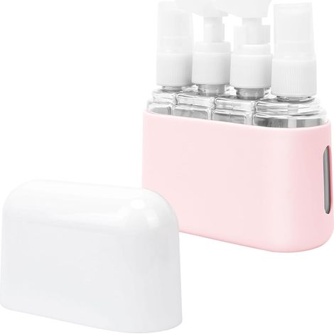 Ensemble distributeur de liquide 4 en 1, compatible avec les flacons de voyage et les vaporisateurs pour lotions/liquides (rose). (1/5)