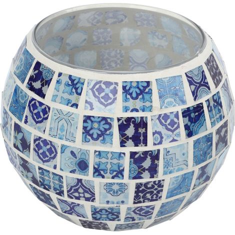 Kerzenhalter aus blau-weißem Glasmosaik mit floralen Motiven, romantisch und warm, handgefertigte Textur, Votivkerzenhalter