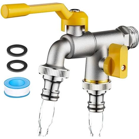 Garden Faucet, Brass Double Outlet Faucet, Antifreeze Tap, Double Washing Machine Tap with 2 Outputs, Sealing Tape, Double Faucet for Garden, Outdoor (1/5)