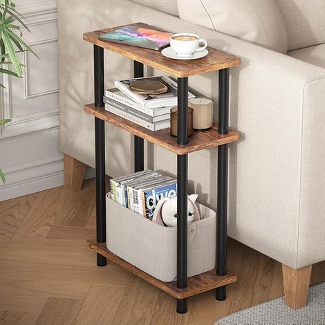 Side Table, 3 Levels Narrow Living Room Coffee Table, Suitable for Living Room, Bedroom, Balcony, Retro Brown