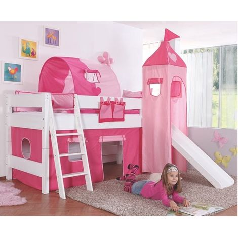 Befara – Lit mezzanine avec toboggan et tour Casandra – Bois massif hêtre blanc laqué – Dimensions 208 x 230 x 212 cm – Échelle sécurisée TÜV/GS (1/2)