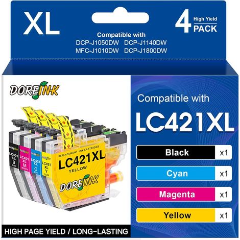 LC421XL Cartouche d'encre Compatible pour Brother LC421XL LC421 XL LC-421XL Cartouches pour Brother DCP-J1050DW DCP-J1140DW MFC-J1010DW (LC421XL Noir Cyan Magenta Jaune, 4 Pack) (1/5)