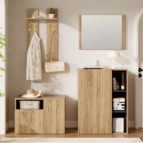 Set guardaroba 4 in 1 con specchio, scarpiera e panca portascarpe, effetto legno/nero (1/5)