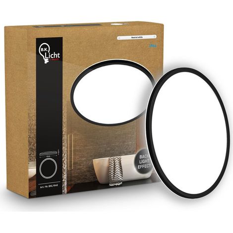 B.K.Licht Pannello LED piatto Ø24cm rotondo 16W 1900lm 4000K bianco neutro protezione dagli spruzzi d'acqua nero - Lampada da soffitto bagno cucina soggiorno