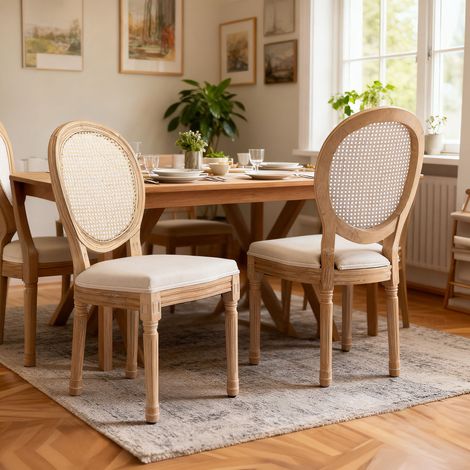 Lot de 2 chaises médaillon en cannage, lin beige et bois naturel (1/5)