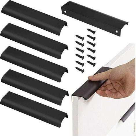 Online Store - 6 poignées de meuble, poignée de porte noire mate dissimulée de 128 mm, poignée en profilé d'aluminium, poignée intégrée poignée de (1/5)