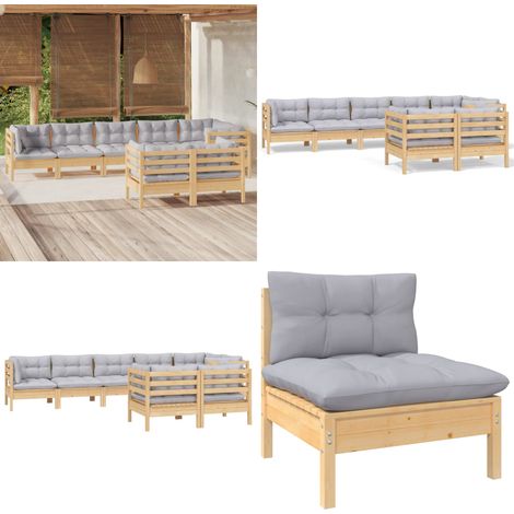 8-tlg. Garten-Lounge-Set mit Grauen Kissen Kiefer Massivholz - Gartensessel - Lounge Set - Gartenmöbel - Outdoor Möbel - Rattan Sessel - Home & Living (1/5)