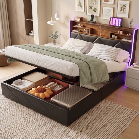 Superaly - Lit hydraulique rembourré 160 x 200 cm - Lit double avec rangement - Rangement dans la tête de lit - Éclairage LED - Port USB - Texture flammée - Pour adulte et adolescen - PU - Noir (1/5)