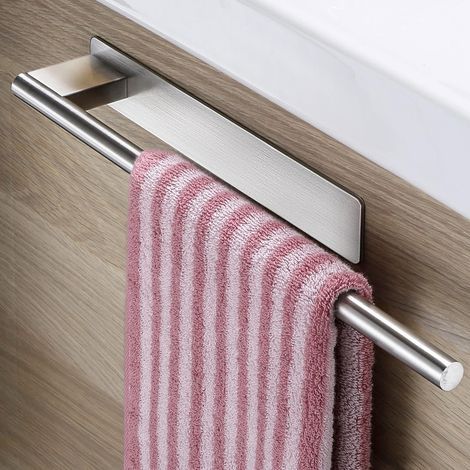 Porte-serviettes sans perçage, en acier inoxydable 304, mural, pour salle de bain et cuisine, à un bras, argenté, 39 cm (1/3)