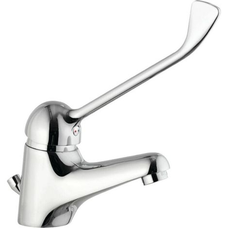 Grifo mezclador para lavabo con maneta angular y palanca larga para clínica o restaurante.