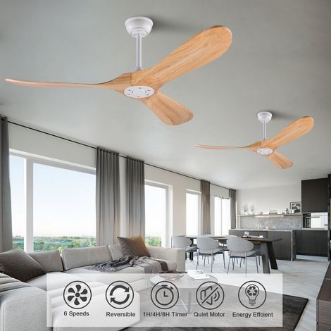 Ventilateur de plafond 52 pouces, 3 pales en bois design hélice, mémoire intégrée, télécommande, finition bois naturel, moderne intérieur/extérieur pour terrasse, salon et chambre. (1/5)