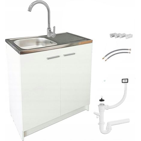 STAMAR Küchenschrank 80 cm - Weiß - Mit Edelstahlspüle und Chromarmatur - Elegantes Design, Praktisch