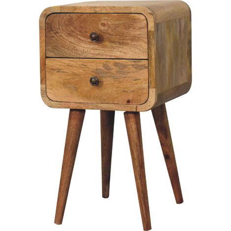 Table de chevet courbe Mini style chêne en bois massif, 2 tiroirs, marron clair (1/5)