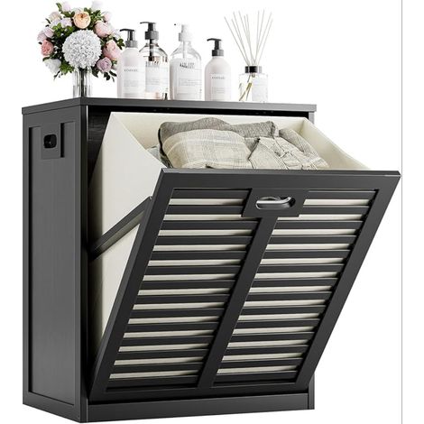 Meuble Salle de Bain avec Panier à Linge, Armoire bas en Bambou Sac Intérieur Amovible pour Buanderie, Toilette et Chambre à coucher, Noir (1/5)