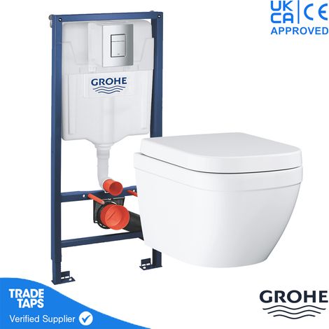 GROHE EURO Rimless Wall Hung Toilet WC Pan with GROHE 1.13m Concealed Cistern Dual Flush  Frame - Chrome (1/4)