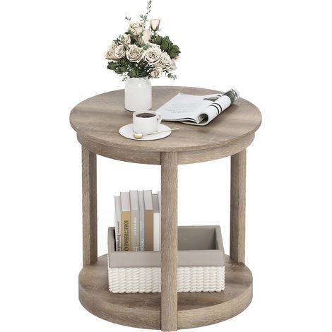 COSTWAY Tavolino Rotondo da Salotto, Tavolo da Caffè a 2 Livelli con Ripiano e Gambe in Legno di Gomma, Portata 160 kg, Tavolino in Legno per Soggiorno, Studio e Ufficio, 60,5 x 60,5 x 61 cm (Grigio) (1/5)