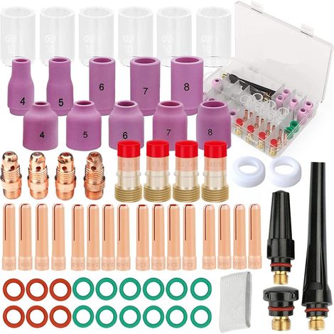 64 pièces pour TIG kit d'accessoires de torche de soudage 10 verre pour Pyrex, buse en céramique d'alumine, joints toriques, capuchon arrière pour WP-17/18/26 avec boîte et écran thermique (1/5)