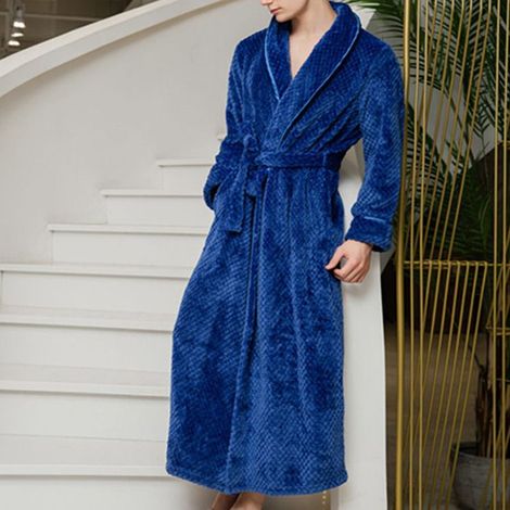 Men's Cotton Velour Hooded Robe - Soft, Thick Bathrobe in Dark Blue