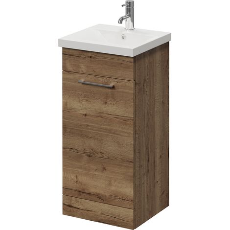Napoli 390 Tobacco Oak 400mm Single Door Vanity Unit with Glide Basin - 400mm - Chrome 160mm Handle