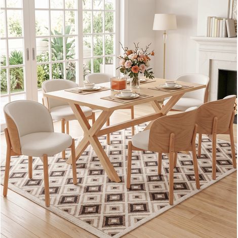 Lot de 4 chaises de salle à manger en bois avec revêtement effet lin, coloris naturel, style moderne (1/5)