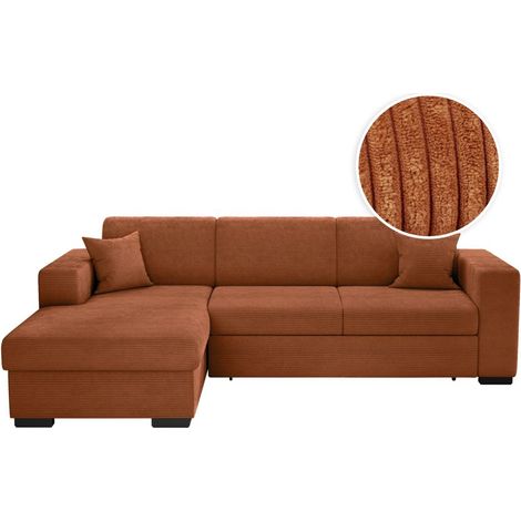 Loungitude – Canapé d'angle convertible avec coffre en velours côtelé – Angle gauche – Terracotta – Confort optimal pour salon moderne (1/5)