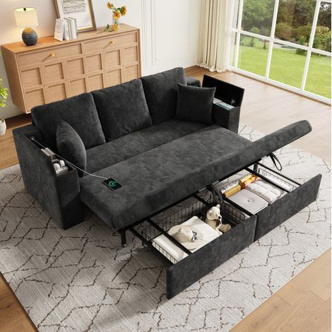Divano letto 3 posti 3 in 1 con contenitore, porta USB, ciniglia grigia, OKWISH (1/5)