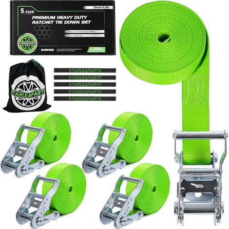 Lot de 5 Sangles d'arrimage avec cliquet-6m x 35mm - Résistance à la Rupture de 4000 kg (LC 2000kg)-Sangles d'arrimage avec cliquet pour Moto, Voiture, Diable, Bagages (1/5)