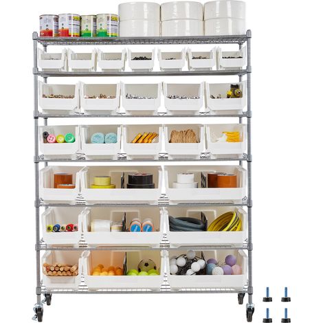 Mophorn Scaffale portaoggetti mobile a 7 ripiani con 26 contenitori, sistema di scaffalature in filo d'acciaio con ruote, ideale per garage, magazzino, ufficio, ristorante, aula e cucina (1/5)