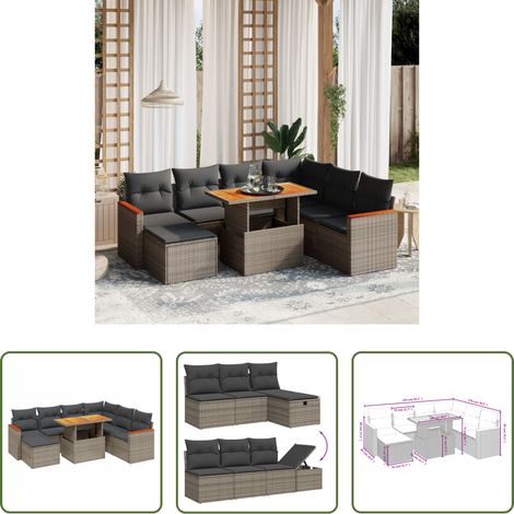 vidaXL Gartentisch mit Bezug - 8-tlg. Garten-Sofagarnitur mit Kissen Grau Poly Rattan (1/5)