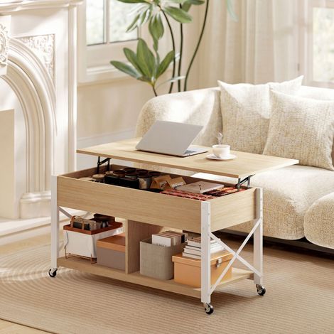 Mesa de Centro Elevable con Ruedas Mesa de Salón con Compartimento Oculto Estantes Abiertos Natural y Blanco (1/5)