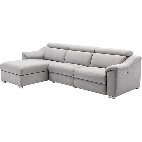 Vente-Unique – Canapé d'angle relax électrique 5 places en tissu polyester gris clair – Angle gauche – 2 ports USB – Inclinaison 135° (1/4)