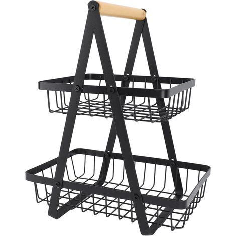 Corbeille à fruits noire ajourée, étagère multifonctionnelle en fer à 2 niveaux pour ranger les fruits dans le salon, la cuisine ou la salle à manger. (1/5)