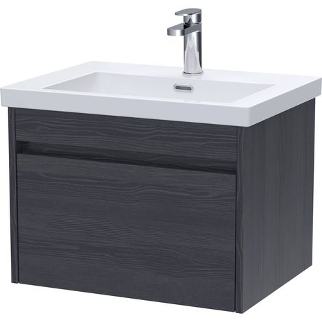 Swainsley Contemporary Wall Hung 1 Drawer Vanity Unit with 1 Tap Hole Contemporary Fireclay Basin, 600mm, Graphite Grey Woodgrain (1/4)