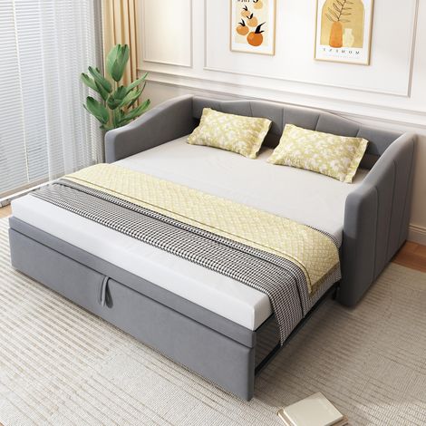 Lit capitonné, canapé-lit extensible 90/180200 cm avec sommier à lattes, lit multifonctionnel en velours doux pour la peau, gris