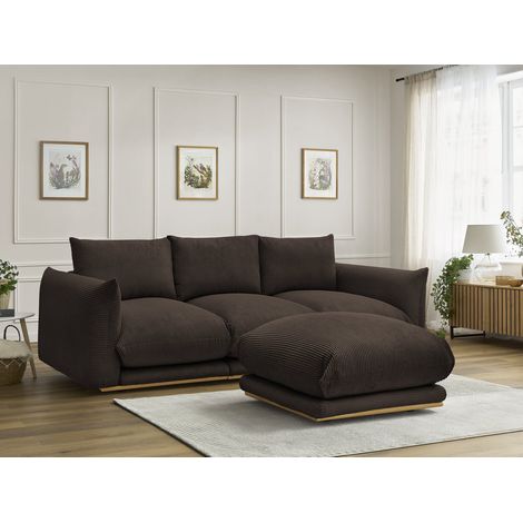 BOBOCHIC - Canapé droit fixe 3 places ERNEST tissu velours côtelé avec pouf Marron (1/5)