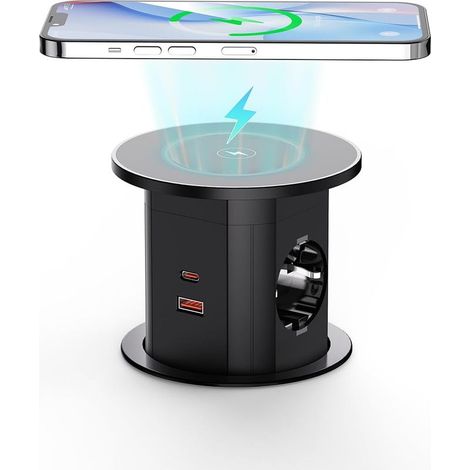 Multiprise encastrable 2 Prises, Multiprise Automatique Pop-up pour Plan de Travail avec Charge sans Fil 15W, Multiprise escamotable avec 2 USB-C (PD 20W), 2 USB-A pour Cuisine et Bureau, D 85 (1/5)