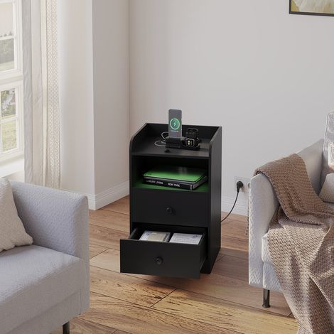 WOLTU 1x Nachttisch mit LED -Licht und Ladefunktion, Beistelltisch mit 2 Steckdosen 2 USB-Anschlüssen, Sofatisch Couchtisch mit Schubladen offenem Fach, für Schlafzimmer, Wohnzimmer, Schwarz (1/5)